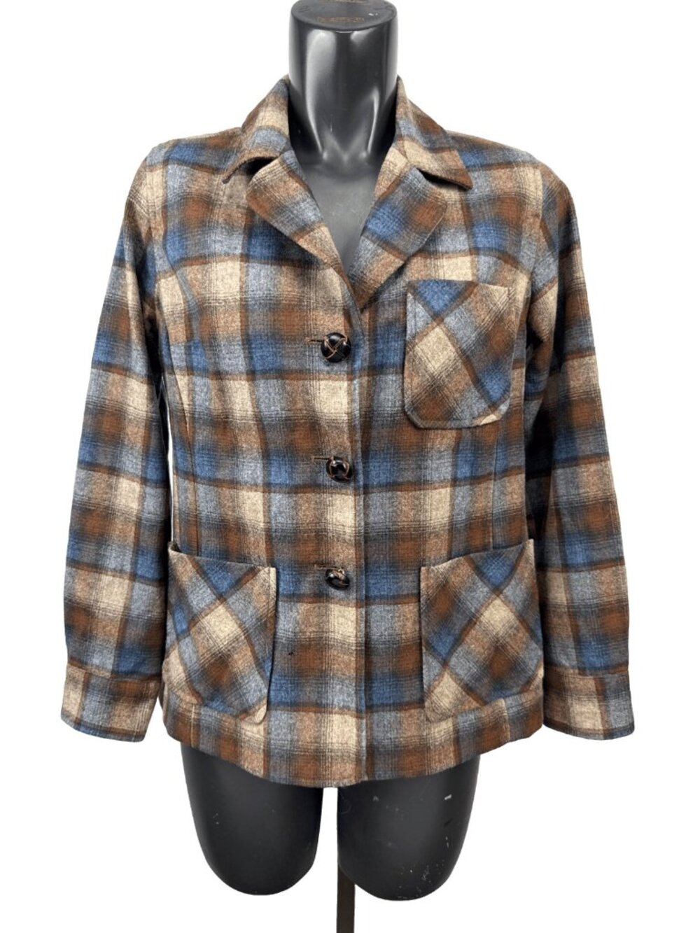 PENDLETON 100% Virgin Wool Plaid Button Front Brown Blue Jacket Size M Petite